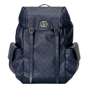 Blue patterned backpack with a brand logo on a light gray background