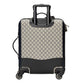 Patterned suitcase with black accents on a light gray background