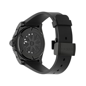 Black watch with a detailed face on a light gray background