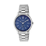 Gucci watch with blue dial and silver metal bracelet on a light gray background