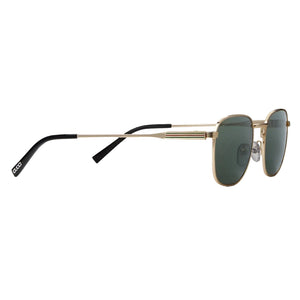 Gold-framed sunglasses with black arms on a light gray background