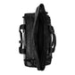 Black duffel bag with open front on a light gray background