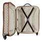 Open suitcase with Gucci pattern on a white background