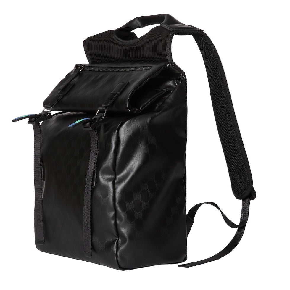 Black backpack on a light gray background