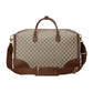 Brown and beige patterned travel bag with brown straps on a light gray background