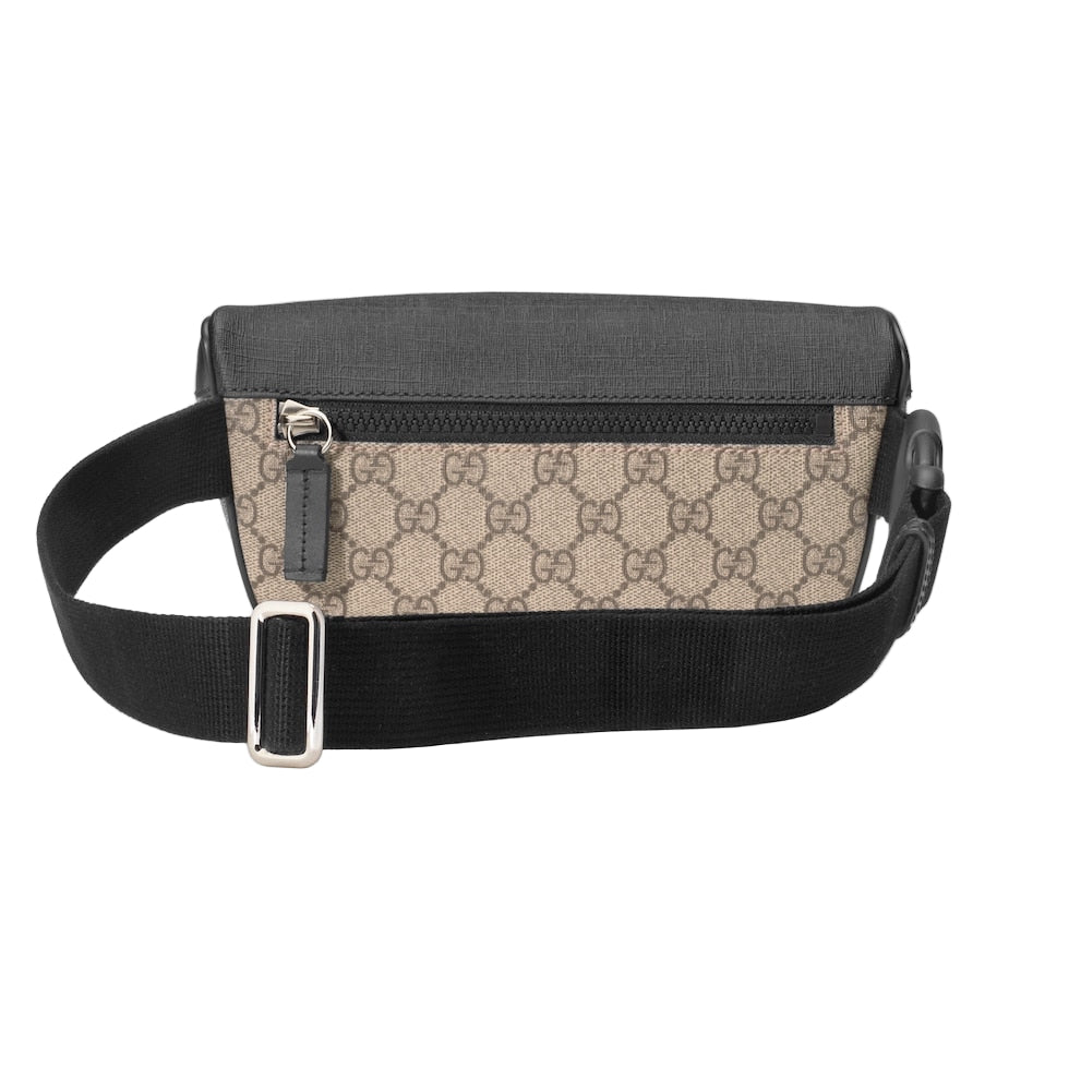 Belt bag with Gucci pattern on a light gray background