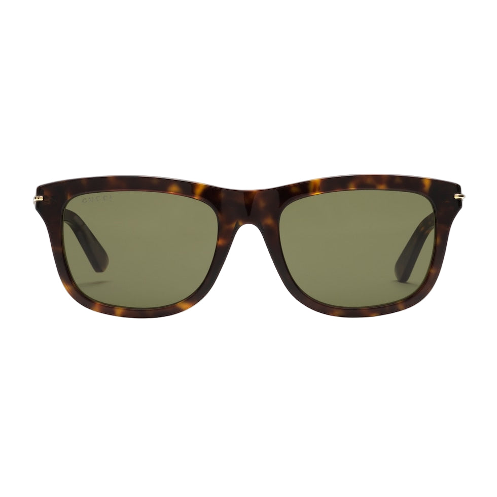 Sunglasses with tortoiseshell frame and green lenses on a light gray background