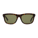 Sunglasses with tortoiseshell frame and green lenses on a light gray background
