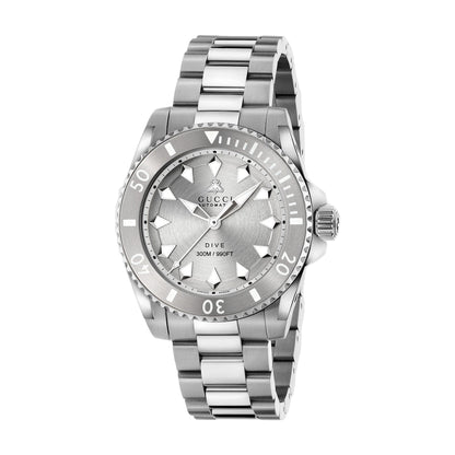Silver Gucci watch with a detailed face on a light gray background