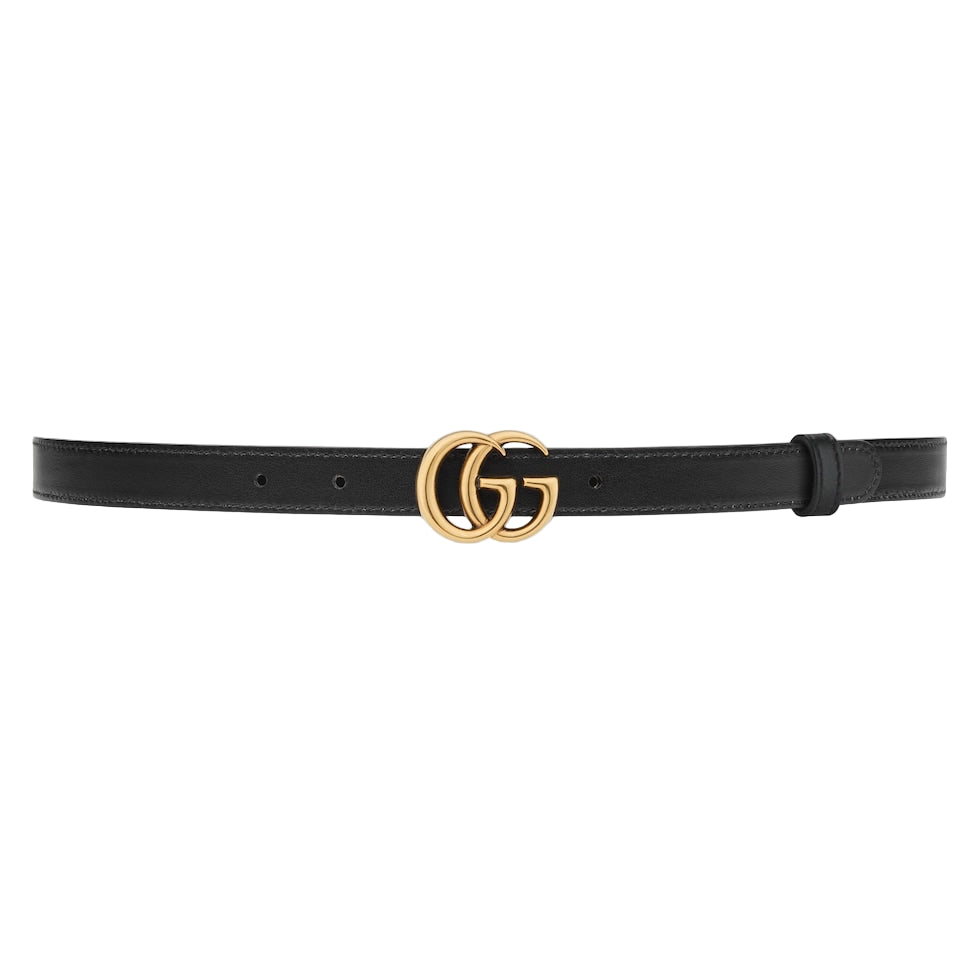 Black belt with gold double G buckle on a light gray background