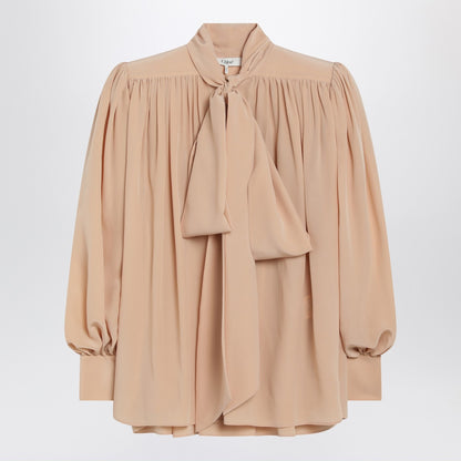 Chloé Ruched sand-coloured blouse with lavallière tie
