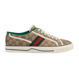 Beige sneaker with Gucci logo and green and red stripes on a light gray background