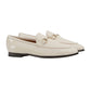 Pair of white loafers with gold accents on a light gray background