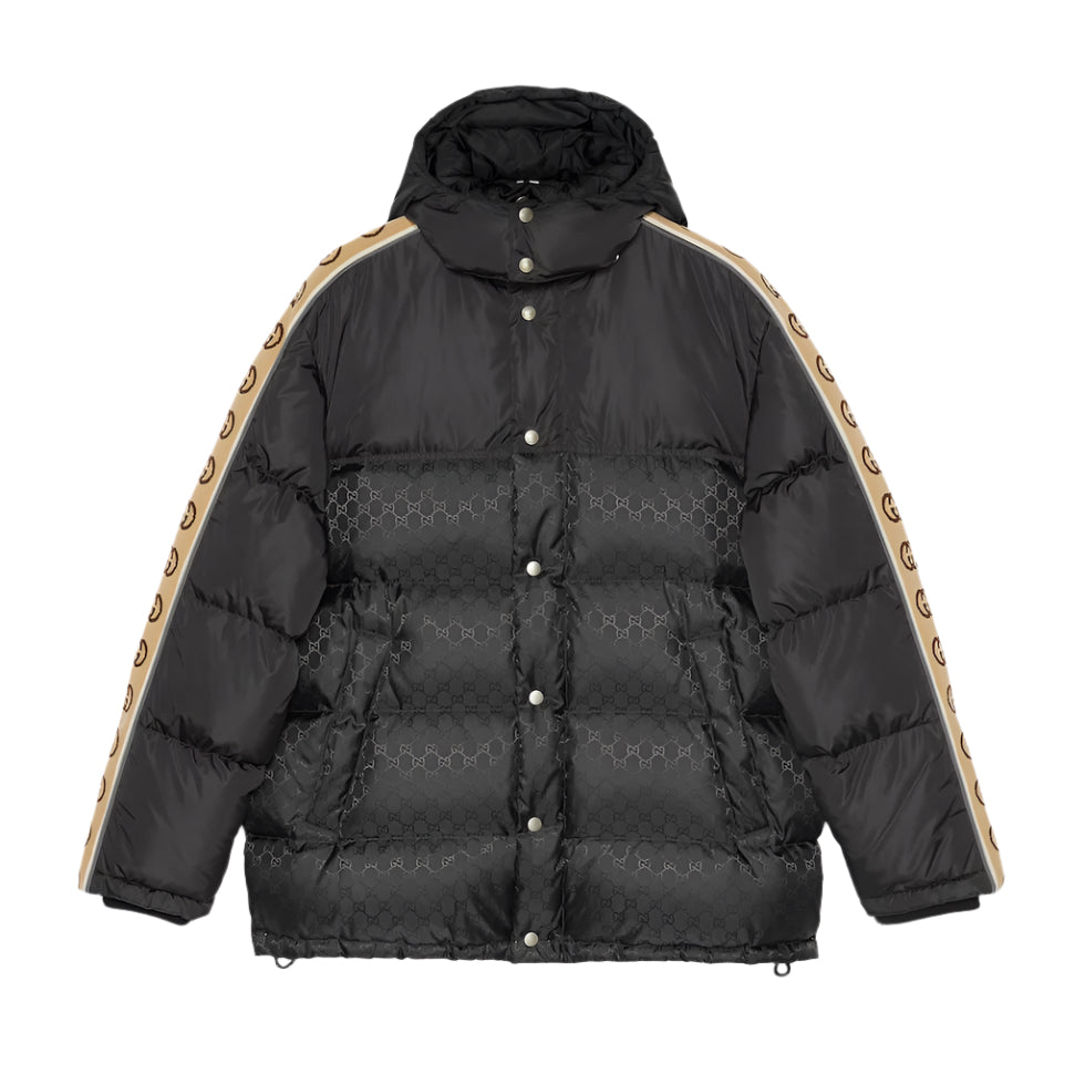 Black Gucci puffer jacket with beige accents on a white background