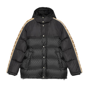 Black Gucci puffer jacket with beige accents on a white background