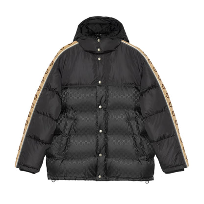 Black Gucci puffer jacket with beige accents on a white background