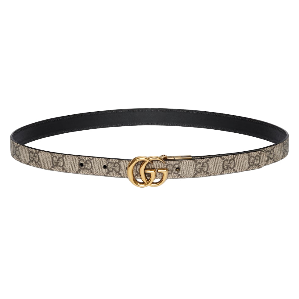 Designer belt with gold buckle on a light gray background