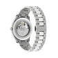 Silver Gucci watch with open face on a light gray background