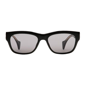 Black sunglasses with reflective lenses on a light gray background