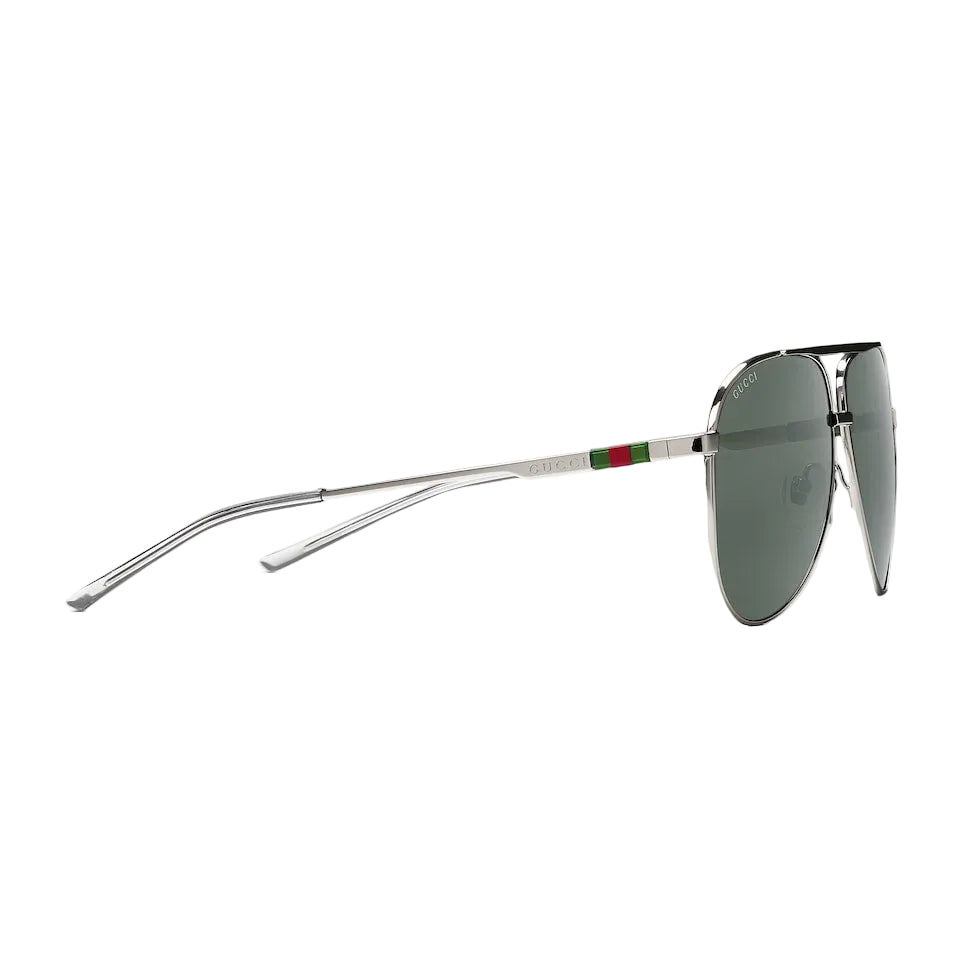 Aviator sunglasses with a brand logo on a light gray background