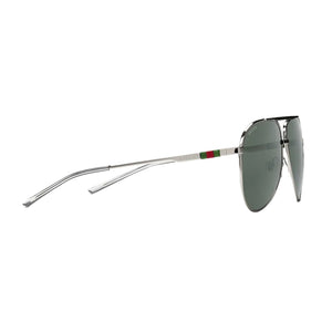 Aviator sunglasses with a brand logo on a light gray background