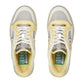 Pair of Gucci sneakers with yellow soles and gray uppers on a white background