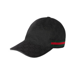 Black cap with Gucci logo and red and green stripe on a light gray background