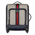 Designer suitcase with patterned exterior and red stripe on a light gray background