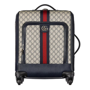 Designer suitcase with patterned exterior and red stripe on a light gray background