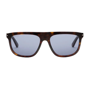 Sunglasses with tortoiseshell frame and blue lenses on a light gray background