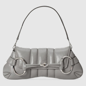 Gucci Horsebit Chain Medium Shoulder Bag Quilted Grey