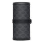 Black cylindrical case with patterned design on a light gray background