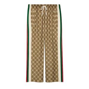 Patterned pants with a drawstring on a light gray background