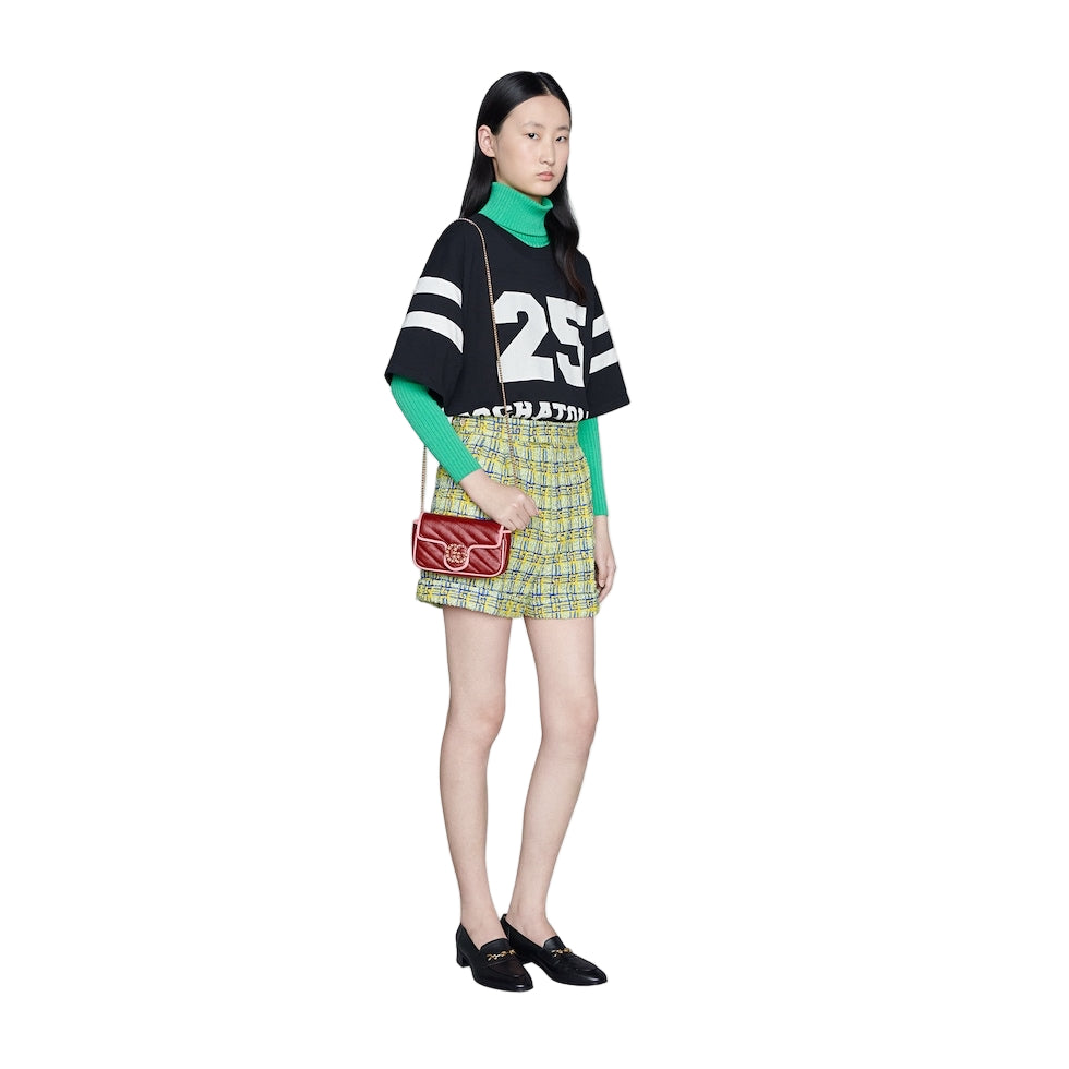 Woman wearing a black and white striped sweater with green sleeves, plaid skirt, and red handbag on a light gray background