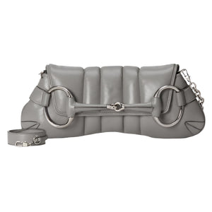 Gray quilted Gucci Horsebit handbag with chain detail on a light gray background