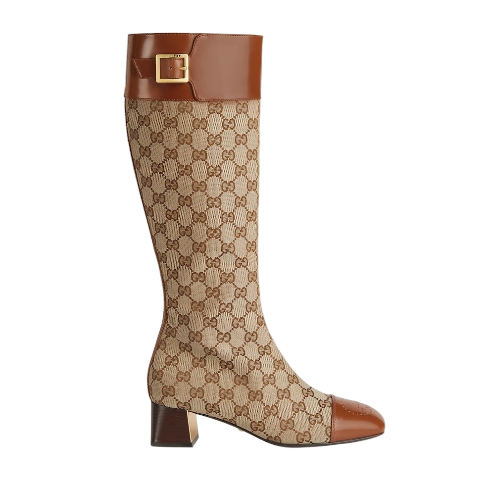 Beige and brown knee-high boot with Gucci logo pattern on a light gray background