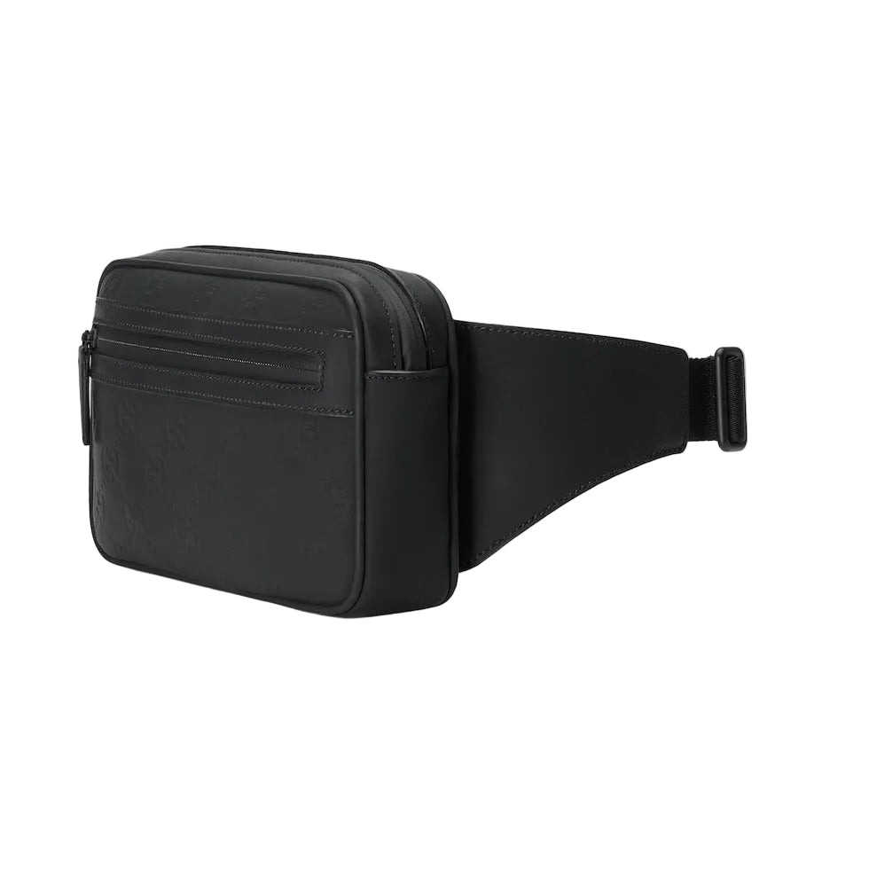 Black waist bag on a light gray background