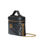 Black quilted handbag with gold chain and logo on a light gray background