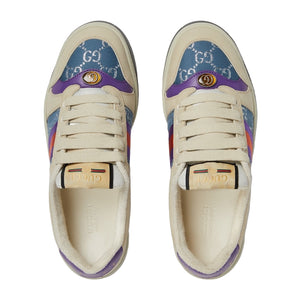 Pair of beige sneakers with colorful designs on a white background