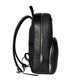 Black backpack with a brand logo on a light gray background