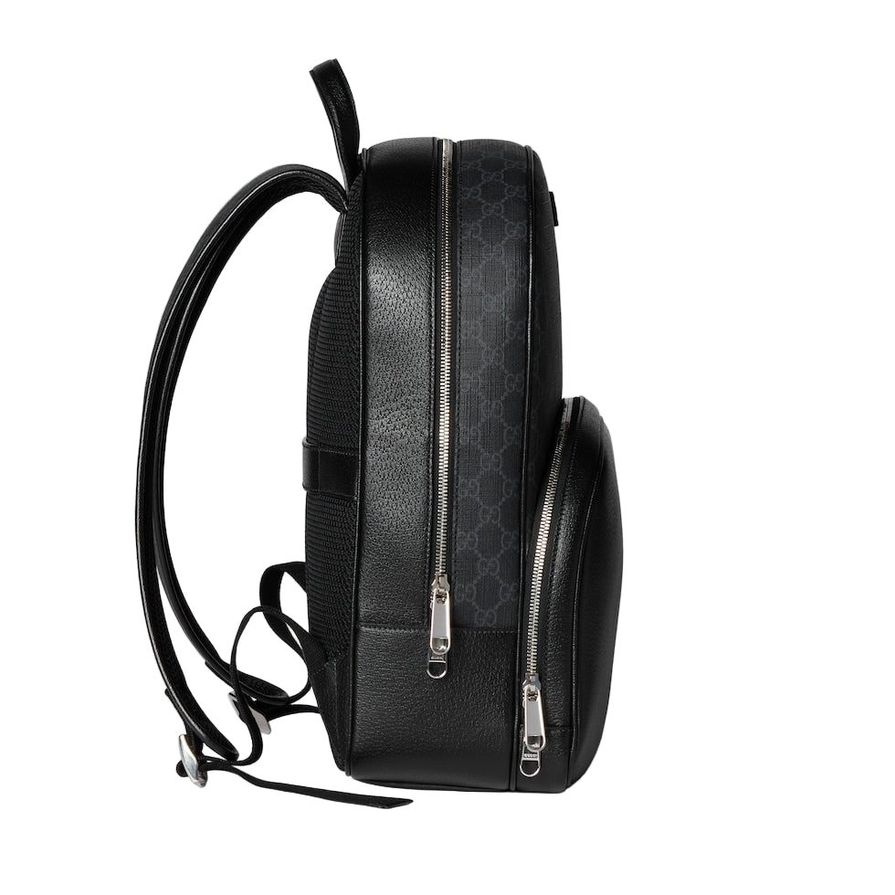 Black backpack with a brand logo on a light gray background