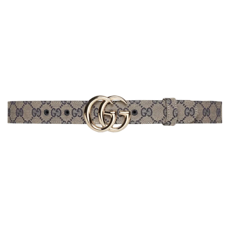 Gucci belt with double G buckle on a light gray background