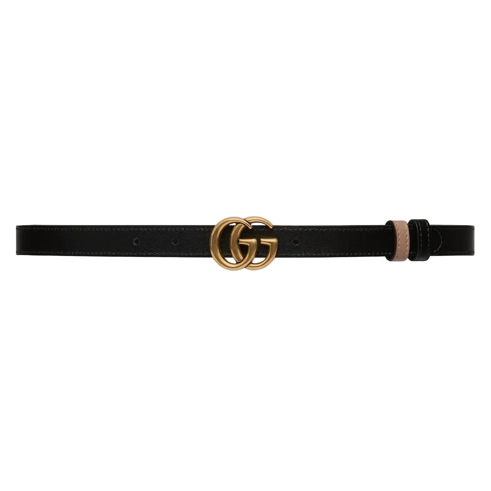 Black belt with gold Gucci logo buckle on a white background