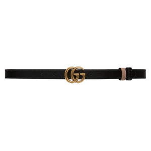 Black belt with gold Gucci logo buckle on a white background
