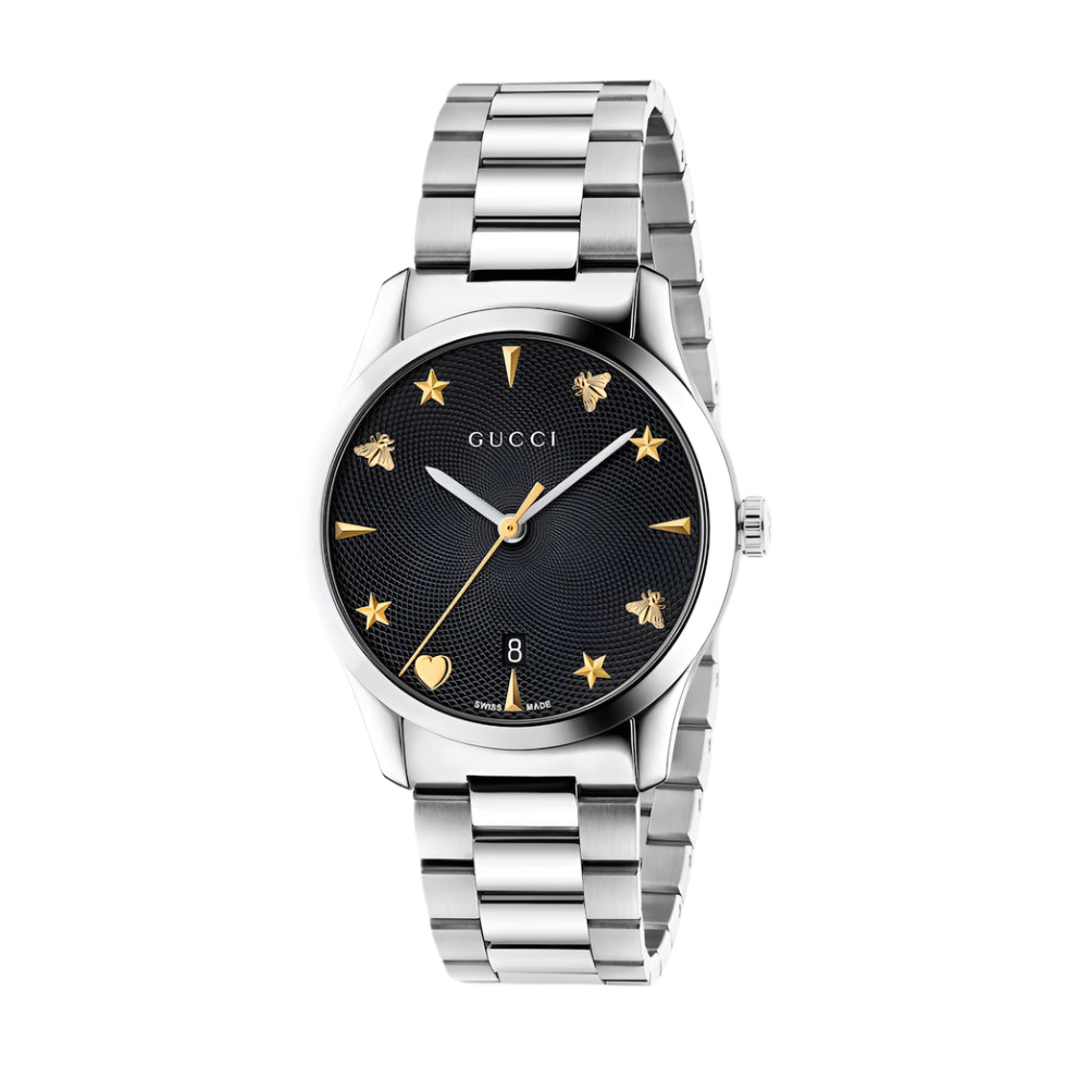 Gucci watch with black dial and silver bracelet on a light gray background