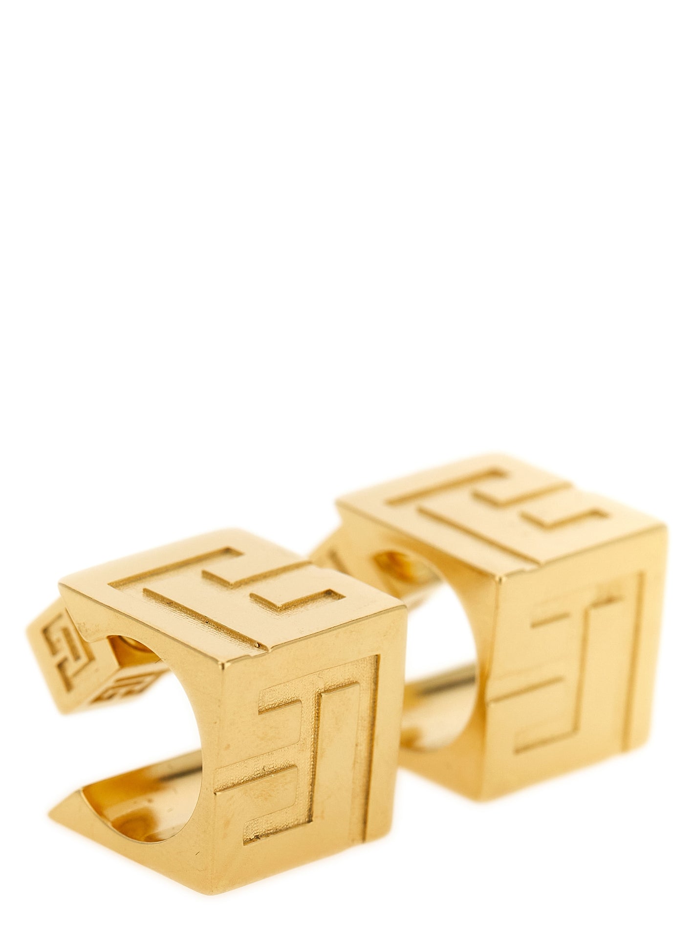 Balmain Pb 3d Earrings antiqued brass 3D embossed circle studs with cubic design, stiletto closure and snap button