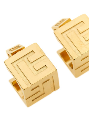 Balmain Pb 3d Earrings antiqued brass 3D embossed cube circle design with stiletto closure and snap button, gold-tone luxury