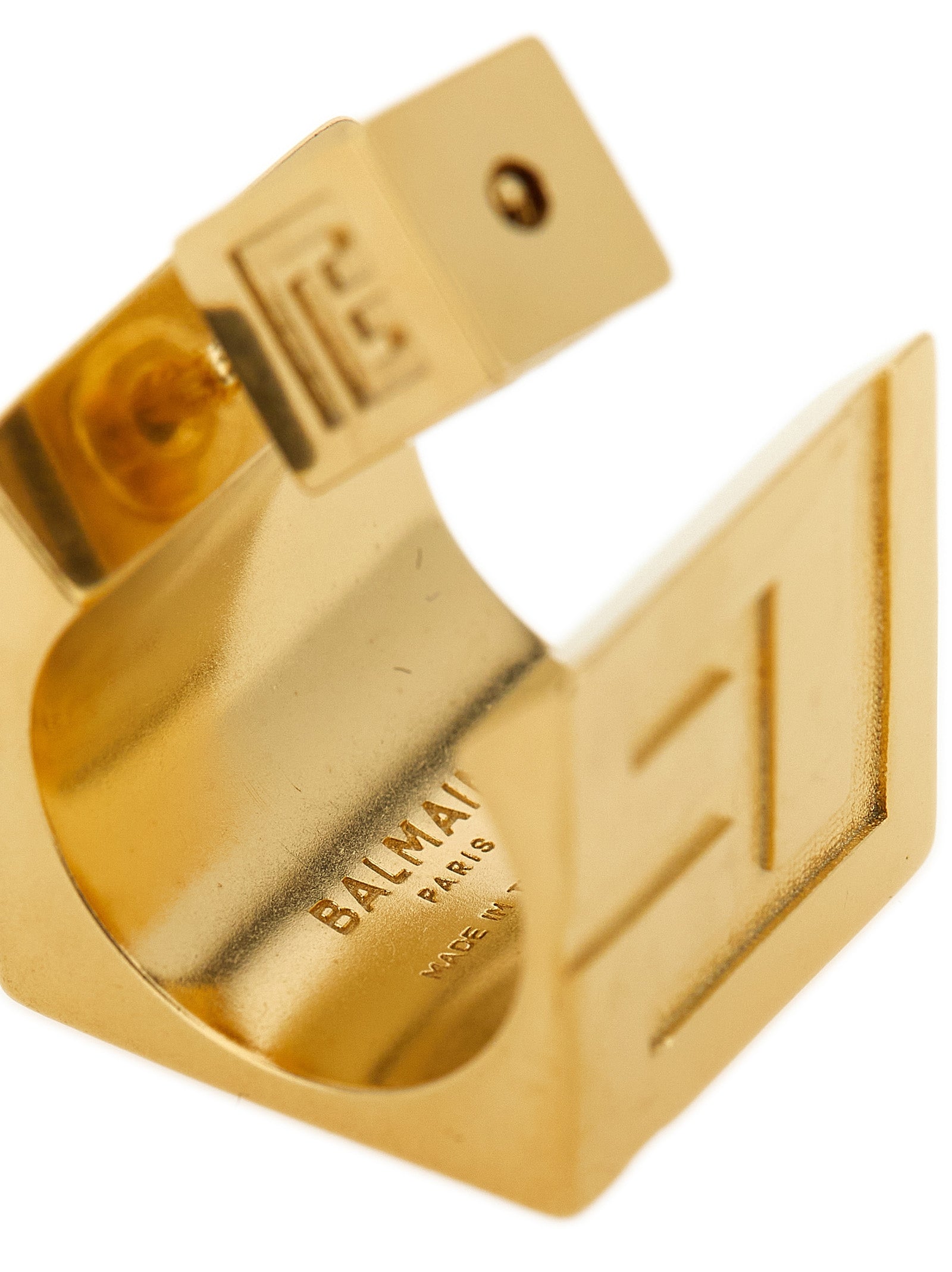 Balmain Pb 3d Earrings antiqued brass 3D embossed circle with cubic design, stiletto closure and snap button