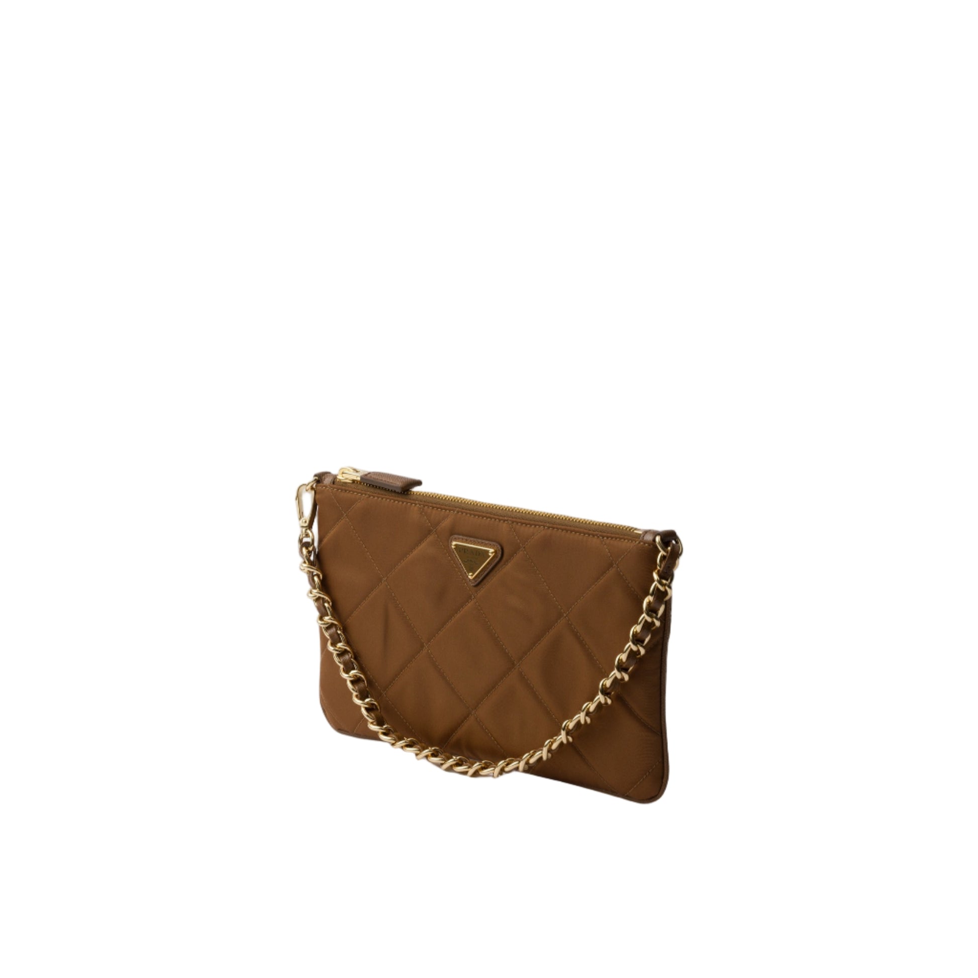 Brown quilted handbag with gold chain on a light gray background