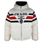 White Prada jacket with red and black stripes on a white background